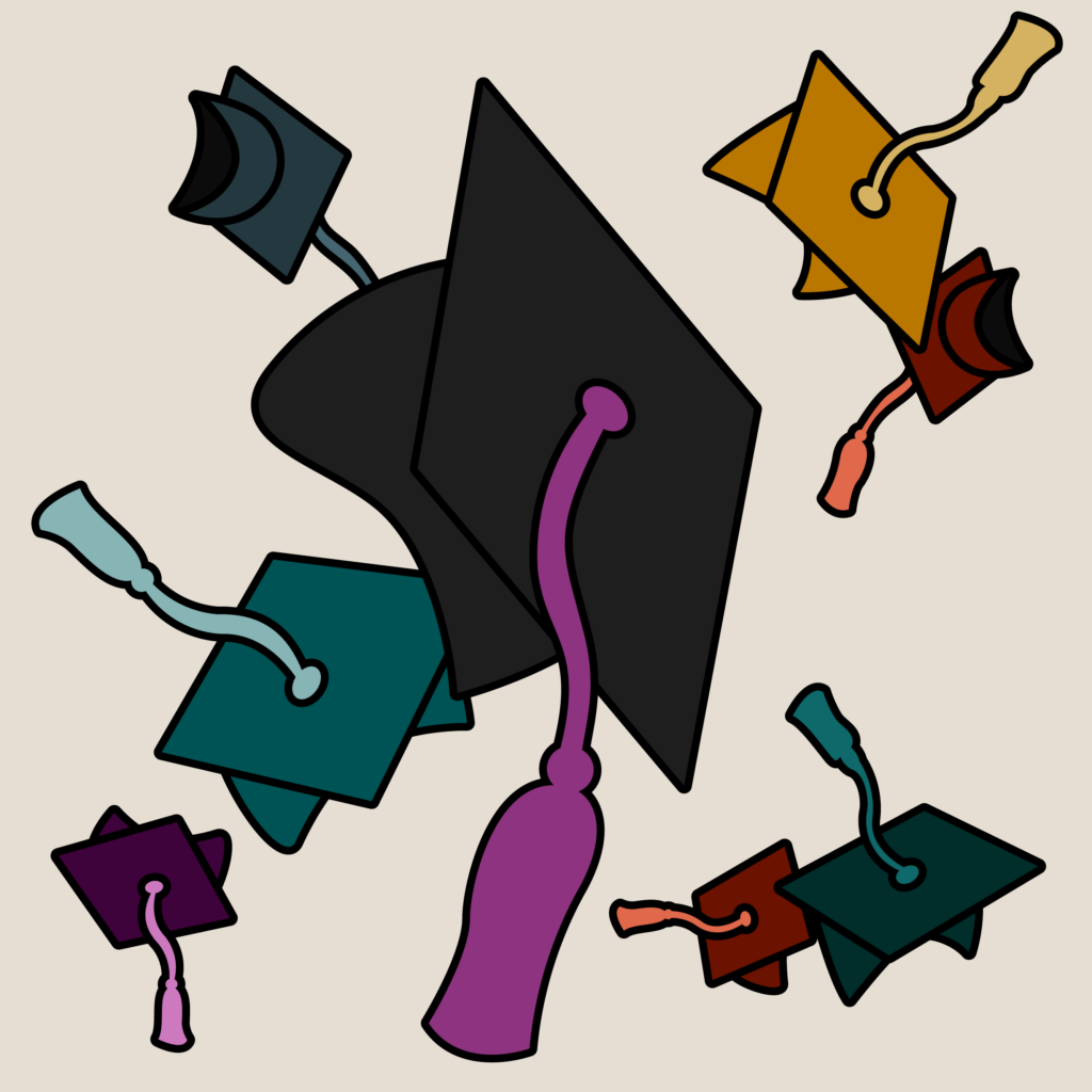 Illustration of stylized graduation caps of various colours being tossed in the air.