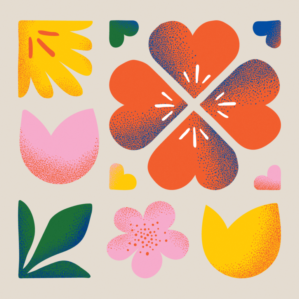 A colorful abstract floral illustration featuring stylized flowers and leaves in bright shades of red, yellow, pink, green, and blue. The central element is a large four-petal red flower with heart-shaped petals, surrounded by various petal and leaf shapes, all with dotted gradient textures on a beige background.