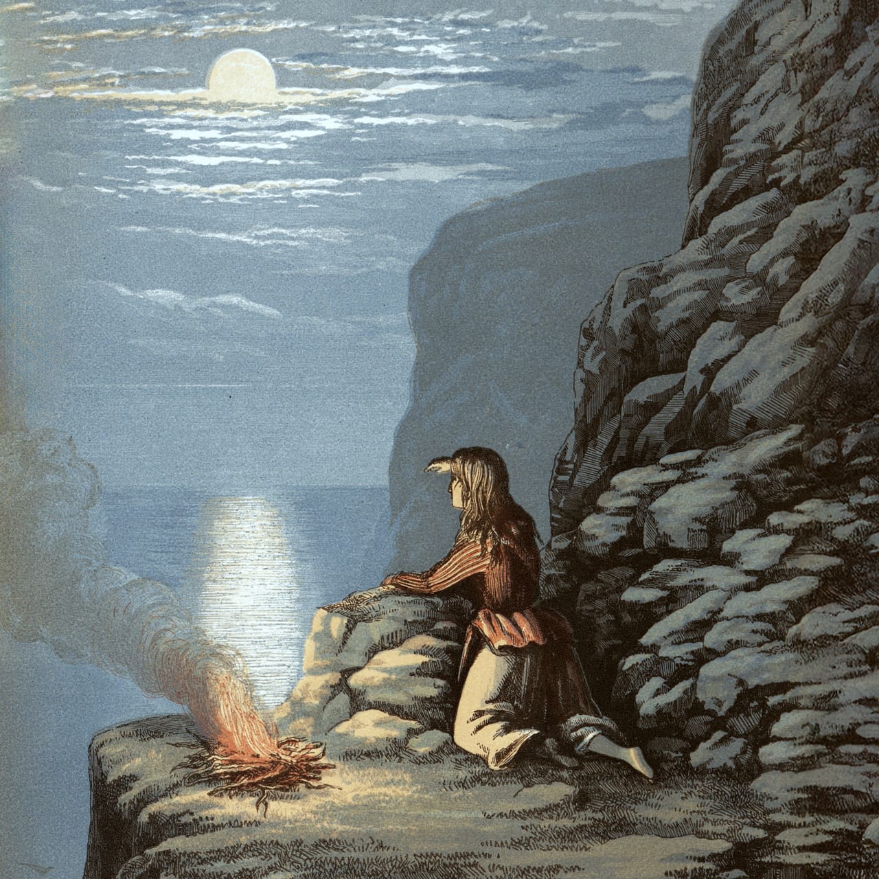 painting of person on ledge with a fire staring at the moon