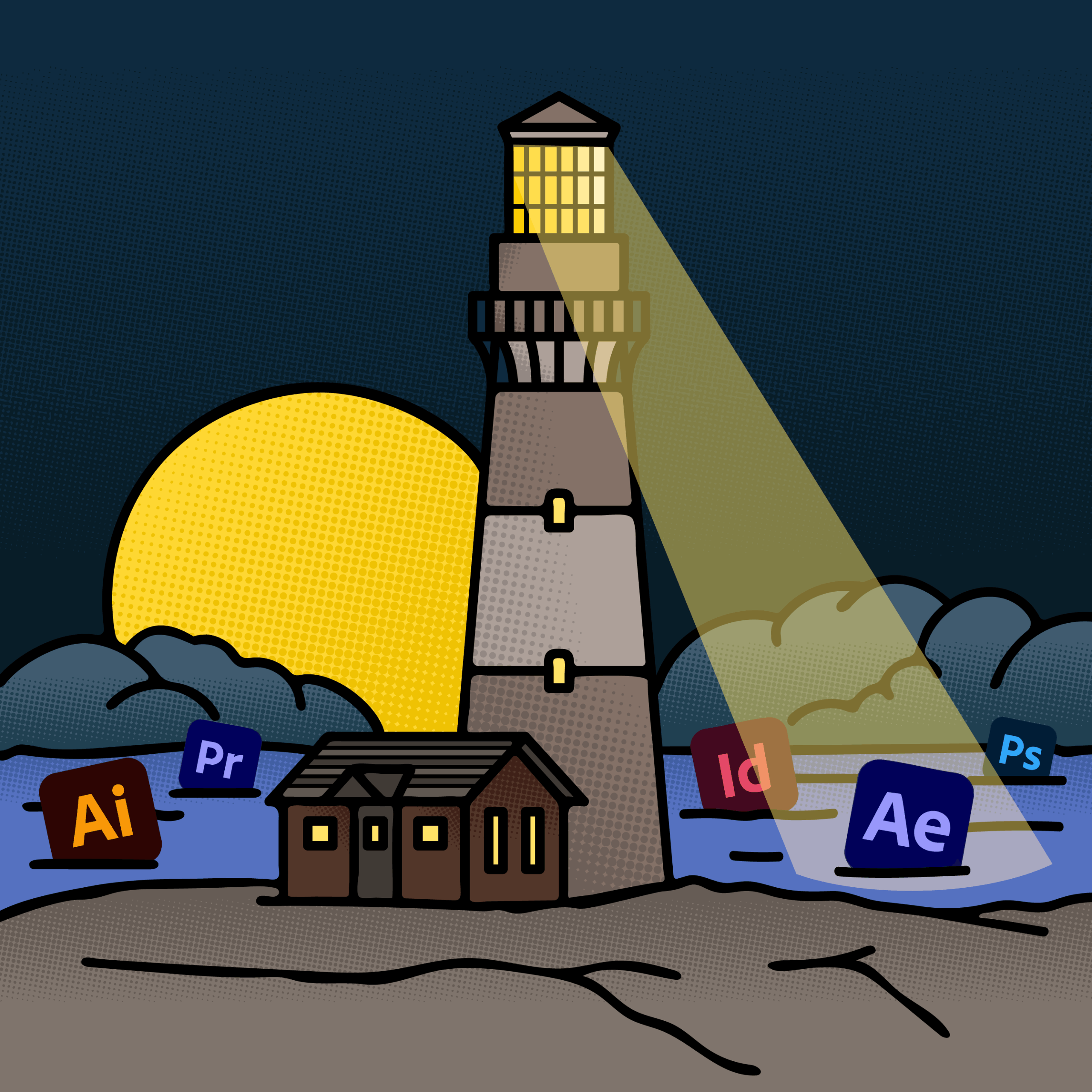 Illustrated half-tone scene of a lighthouse at night. Surrounding it are Adobe software icons.