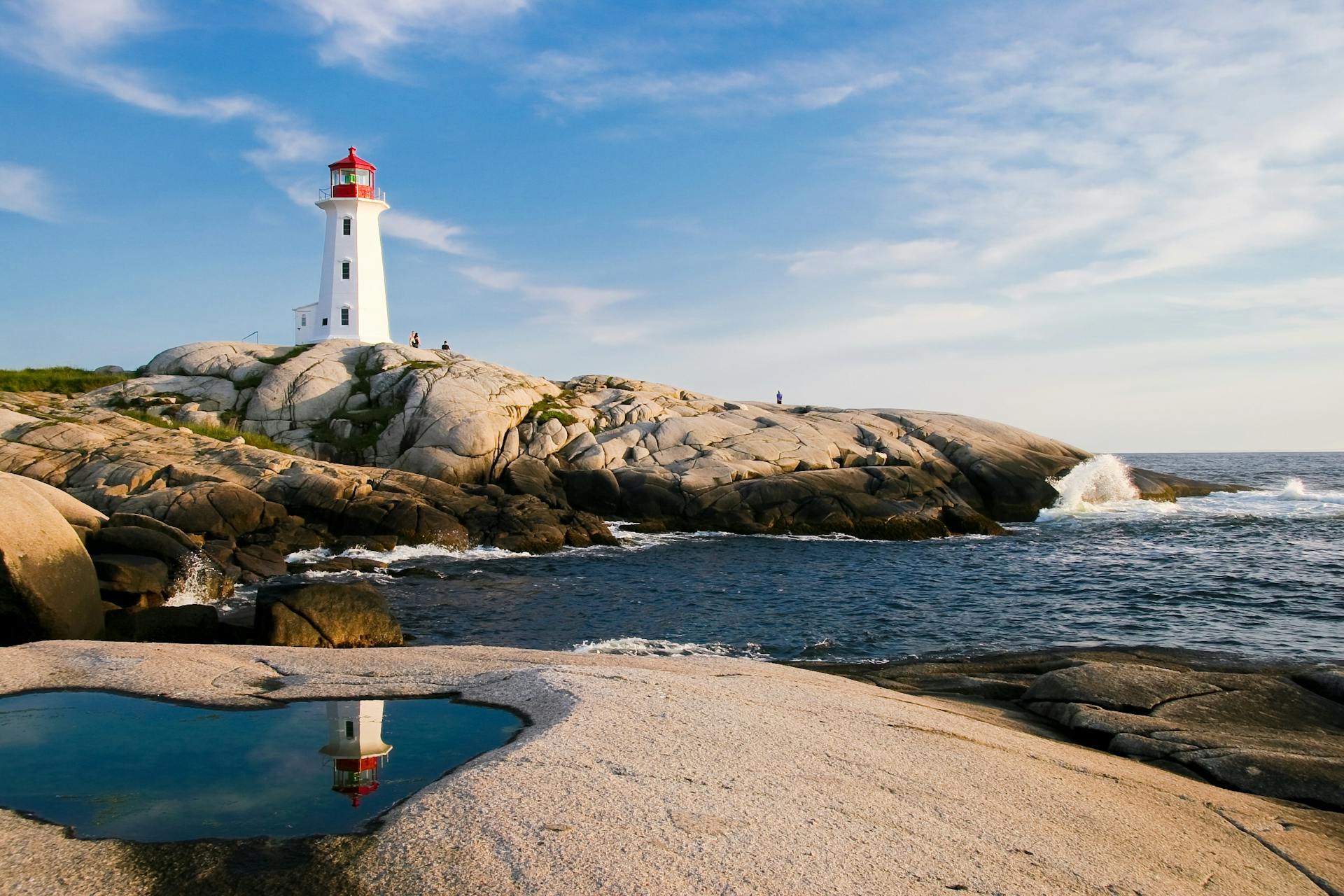 Daytime photo of a lighthouse on a rocky cliffside. The water is calm, the sky is blue.