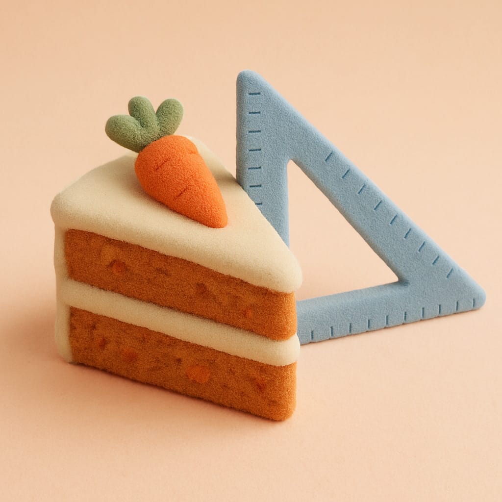 A soft, plush toy shaped like a slice of carrot cake with a small carrot decoration sits beside a blue felt triangle ruler. Both items have a fuzzy, velvety texture and pastel colors.