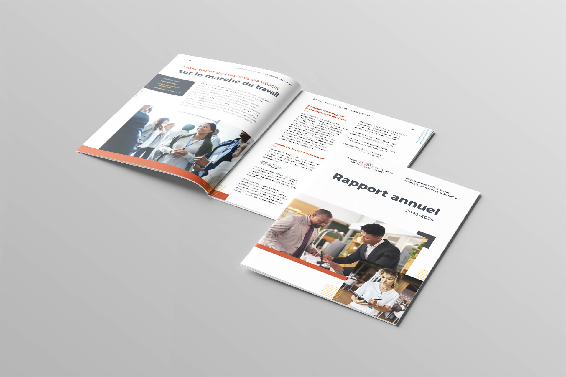 French Tourism HR annual report shown open, displaying the designed front cover and inside page layout.
