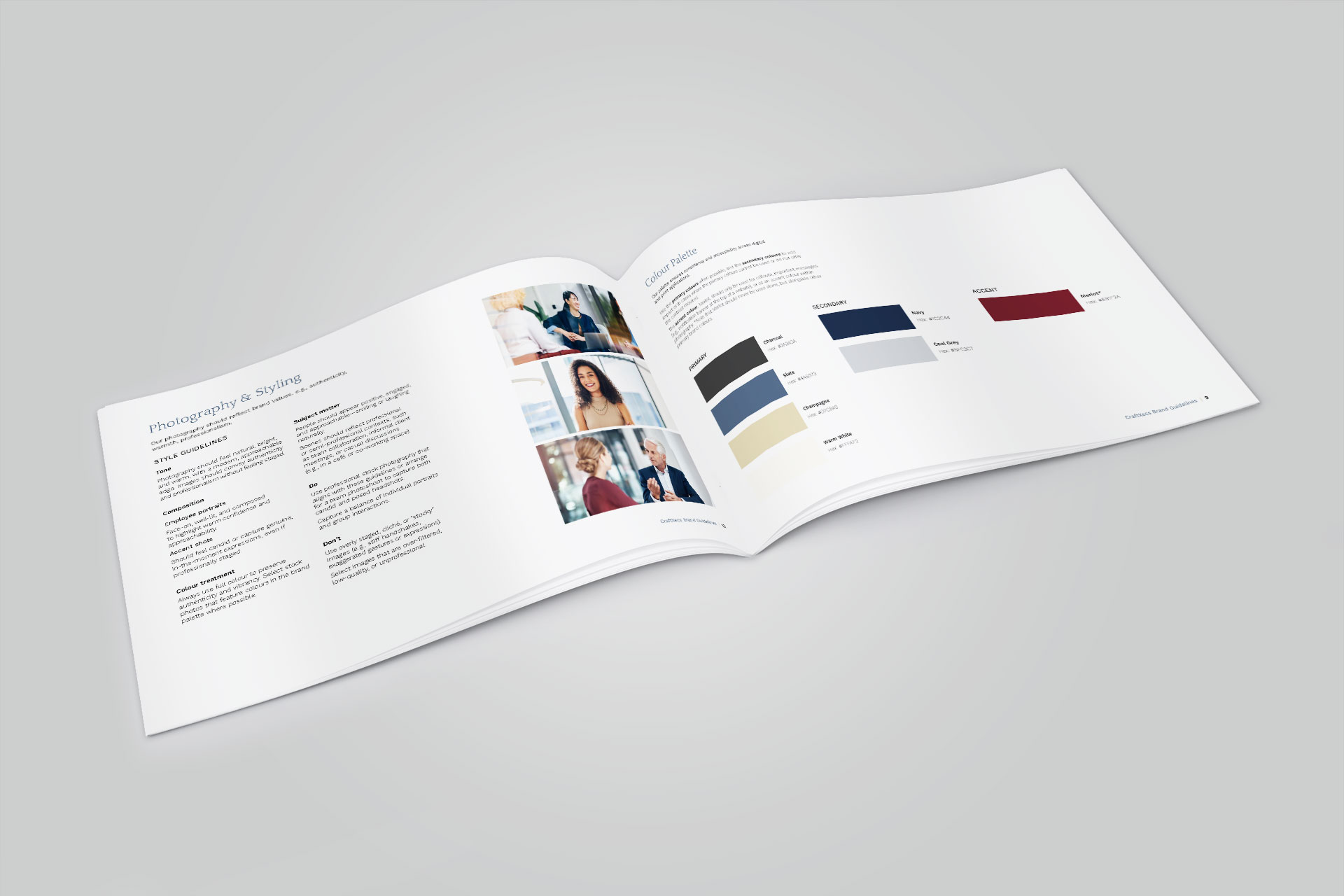 CraftXecs brand guidelines document open to pages showing logo rules, colour palette, and typography standards.