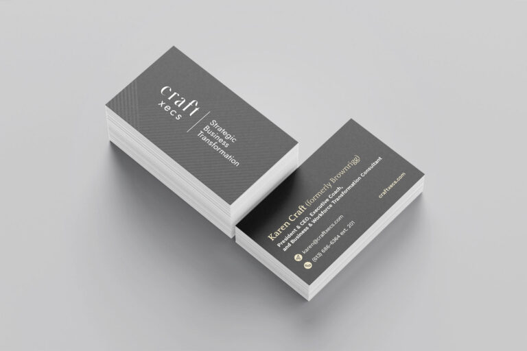 CraftXecs business card designs displayed in a modern stack, showing the logo, contact details, and brand colours.