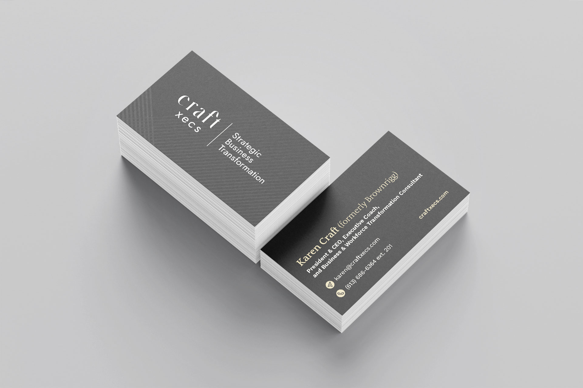 CraftXecs business card designs displayed in a modern stack, showing the logo, contact details, and brand colours.