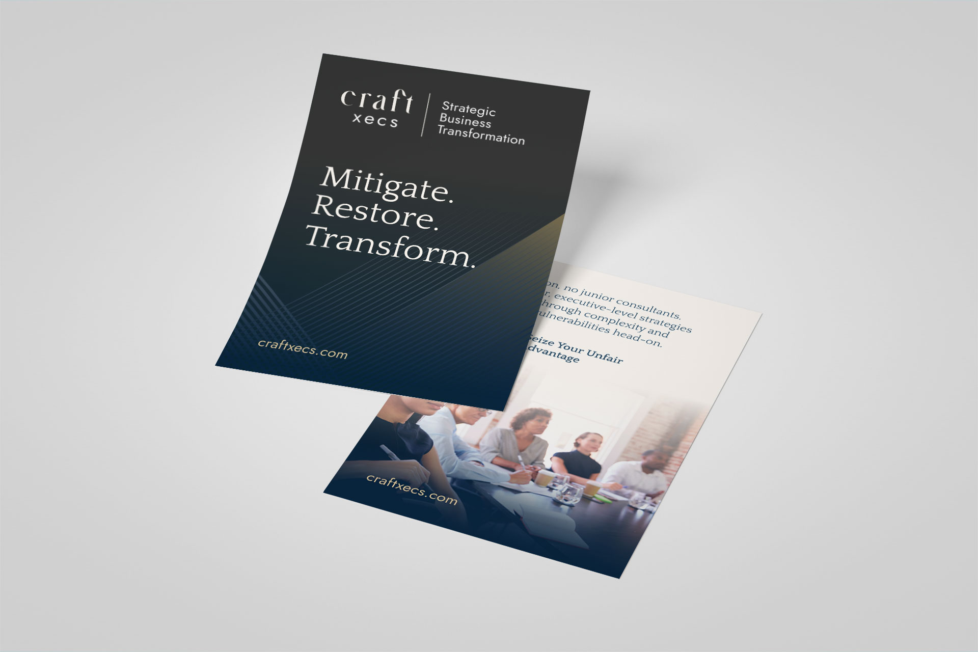 CraftXecs branded datasheet design featuring the company logo, a clean professional layout with a dark cover page, and a visually rich back page full of imagery.