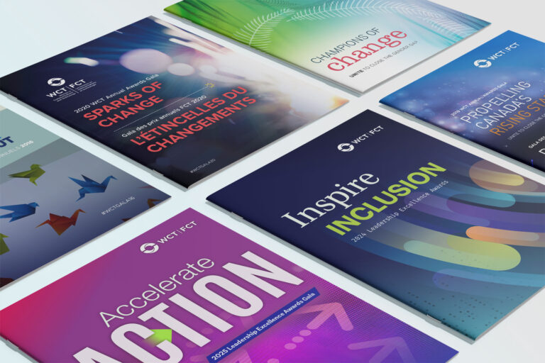 eries of WCT gala event covers showcasing elegant layouts, vibrant photography, and celebratory branding.