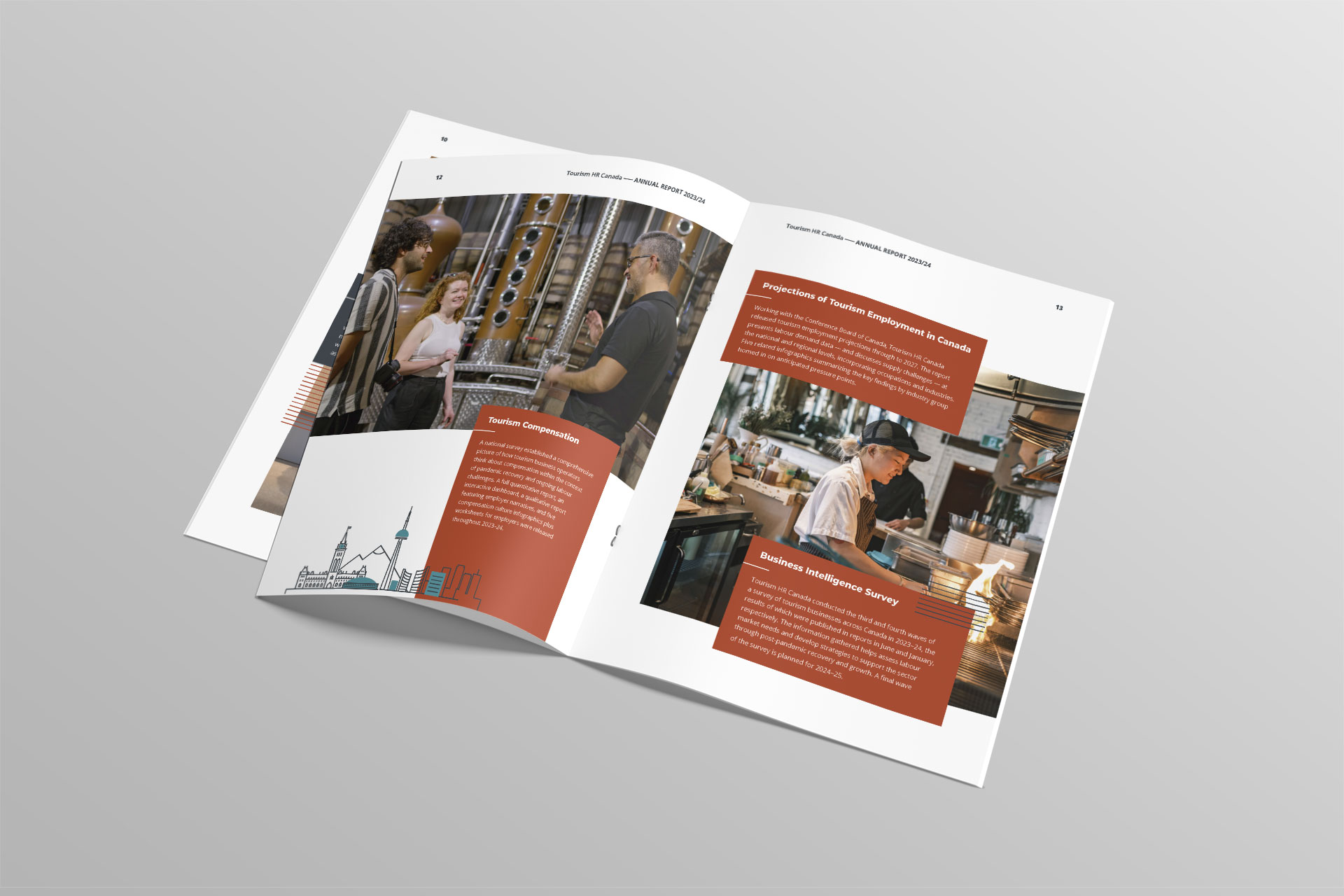 Tourism HR annual report two-page spread dominated by full-page imagery supporting tourism industry themes.