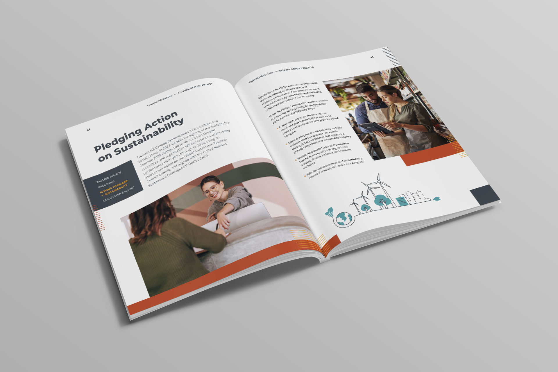Tourism HR annual report two-page spread with text-focused content including paragraphs, headings, and data sections