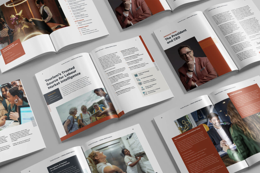 Multiple Tourism HR annual reports displayed together, each open to different pages showing a mix of photography, and text layouts