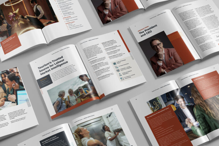 Multiple Tourism HR annual reports displayed together, each open to different pages showing a mix of photography, and text layouts