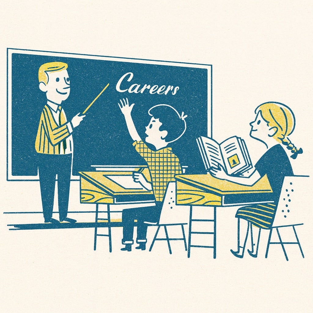 A retro-style classroom illustration featuring a teacher pointing at a chalkboard labeled ‘Careers’ while a boy raises his hand and a girl reads a book at her desk. The artwork uses blue and yellow risograph-style textures with a lightly speckled background.”
