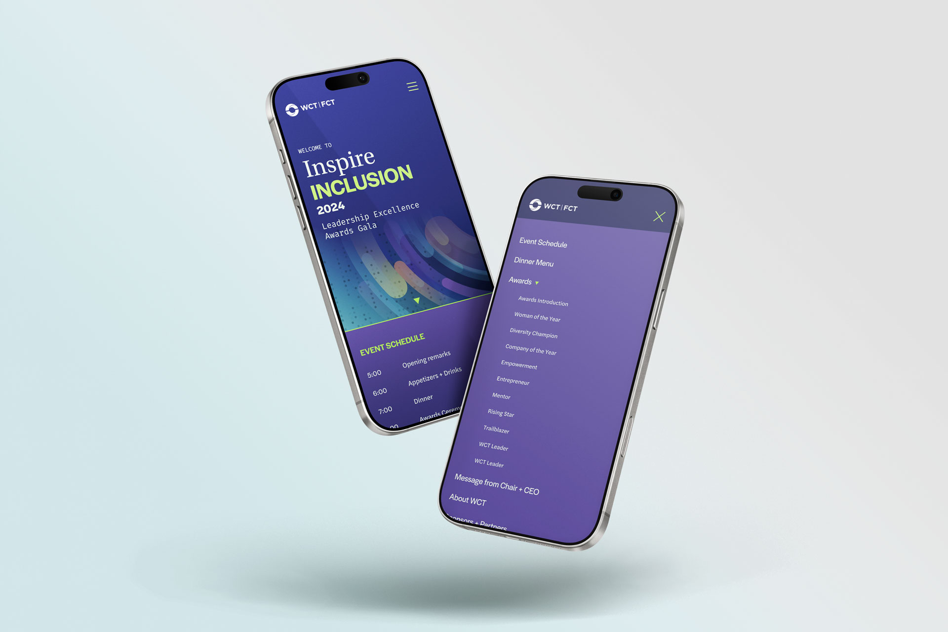 WCT Awards Gala website shown on smartphones, featuring the mobile layout and expanded mobile navigation menu.