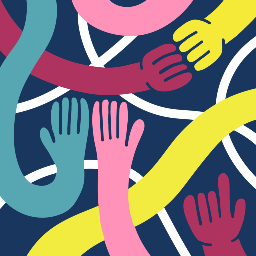 An abstract illustration featuring several colourful, elongated arms and hands reaching toward each other over a dark navy blue background.