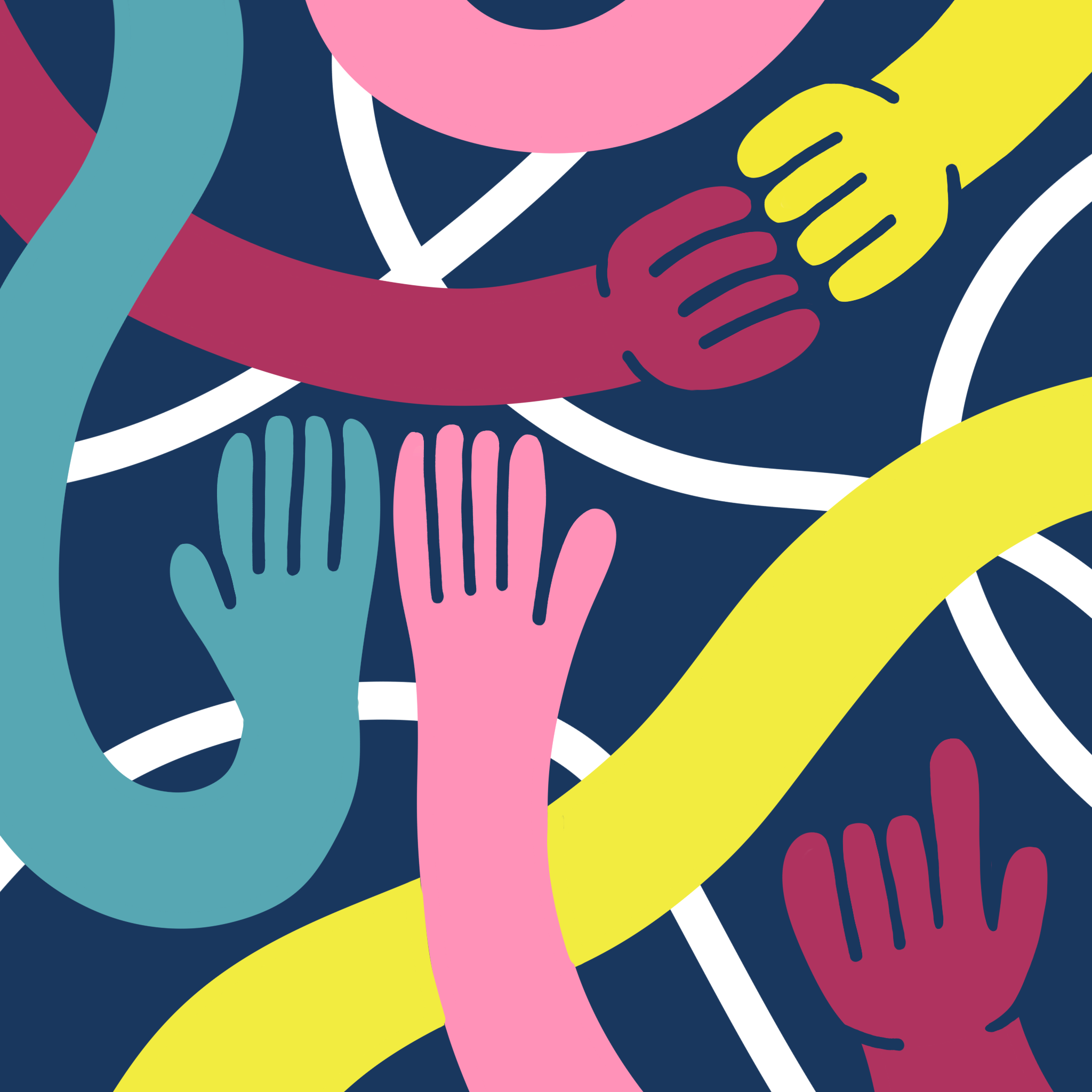An abstract illustration featuring several colourful, elongated arms and hands reaching toward each other over a dark navy blue background.