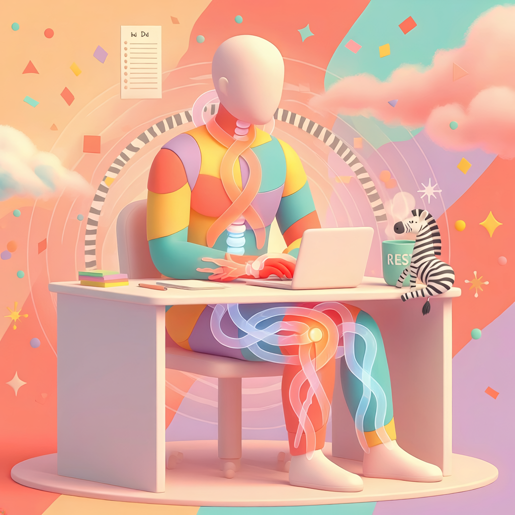 An abstract 3D digital illustration in soft pastel colors depicting a faceless person sitting at a white desk, typing on a laptop. The figure's body features semi-transparent overlays that highlight the spine, wrists, and a knee joint in glowing, wavy lines, symbolizing joint hypermobility or chronic pain. Behind the person is a large, circular arch with a black-and-white zebra print pattern. On the desk, a small zebra figurine sits next to a teal mug that reads "REST." The whimsical background is filled with soft pink clouds, stars, and a pastel rainbow color scheme, conceptually representing the management of Ehlers-Danlos Syndrome (EDS) or chronic illness in a workspace.