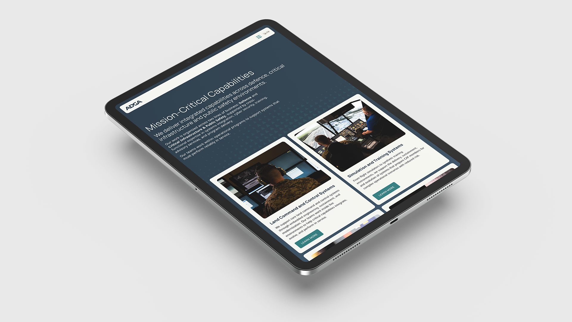Tablet mockup of the ADGA website, specifically their capabilities page.