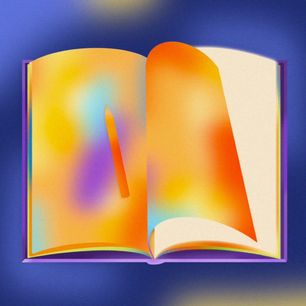 A brightly coloured book and pencil using gradients. With a page slowly turning, revealing an empty page that signifies the next chapter of my design journey.