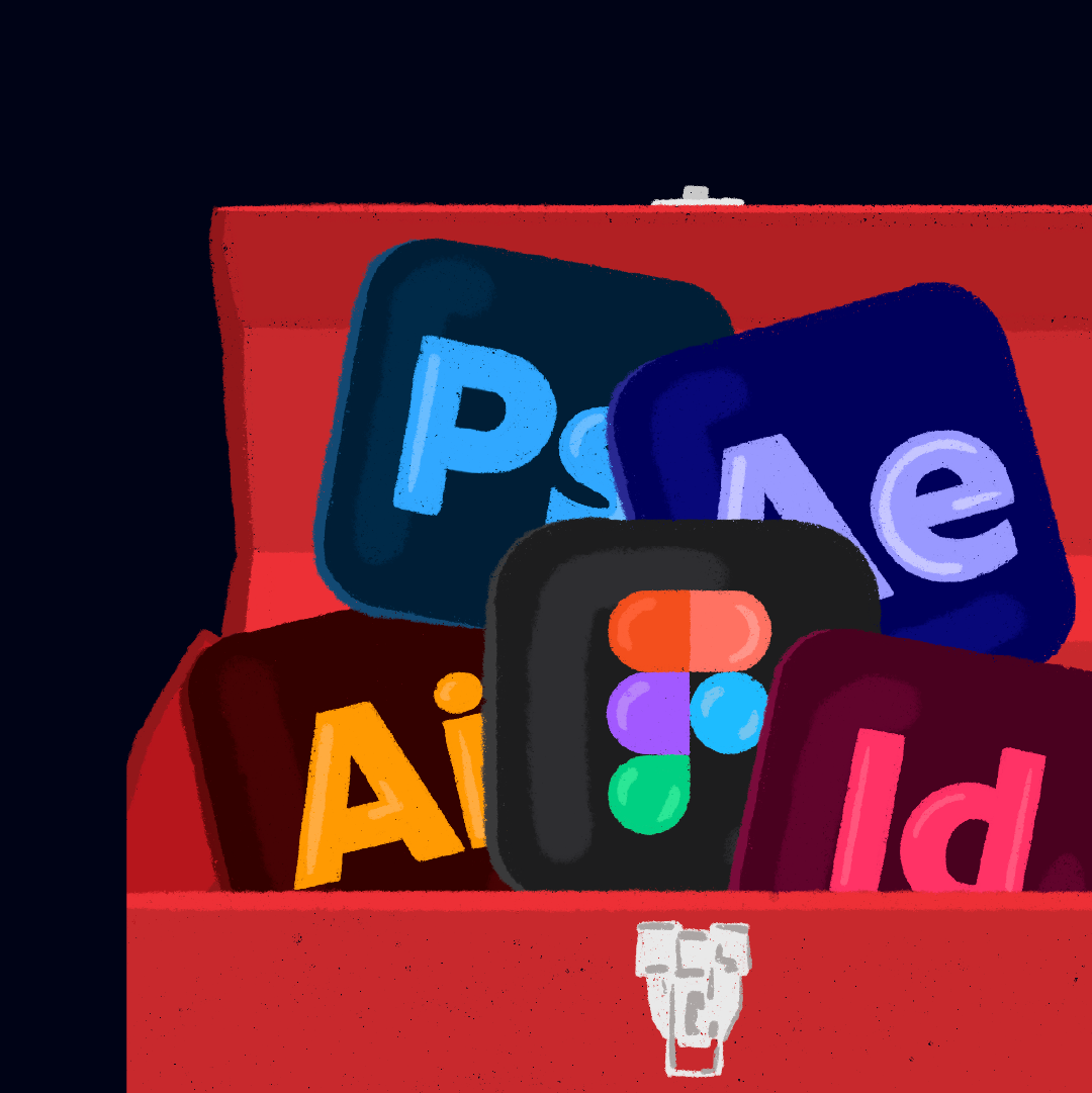 A red toolbox filled with the CC Adobe programs, along with Figma.
