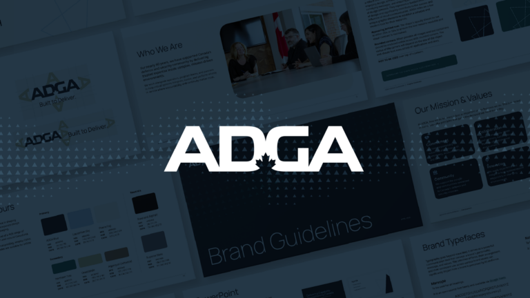 ADGA logo with the ADGA pattern overlaying a brand guidelines mockup.