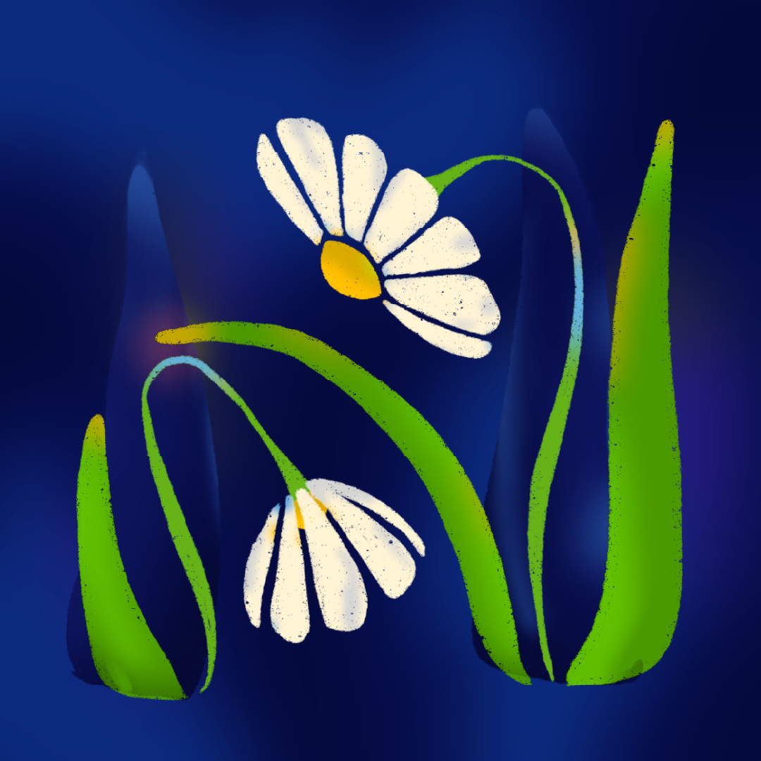 Two flowers against a dark background, helping one another.