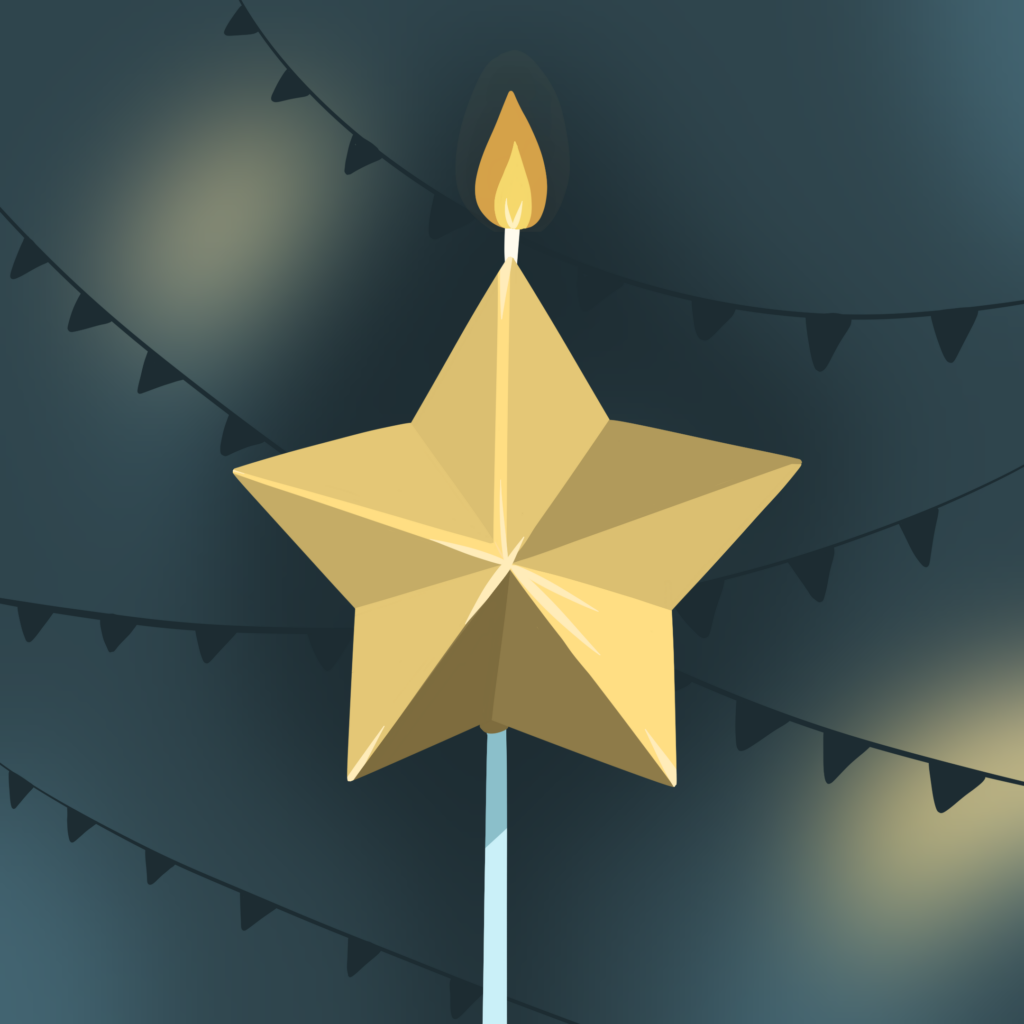 A golden star candle burning, with a dark blue background with streamers.