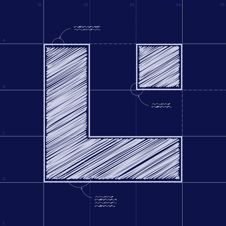 Blueprint design of a logo in the process of being built.